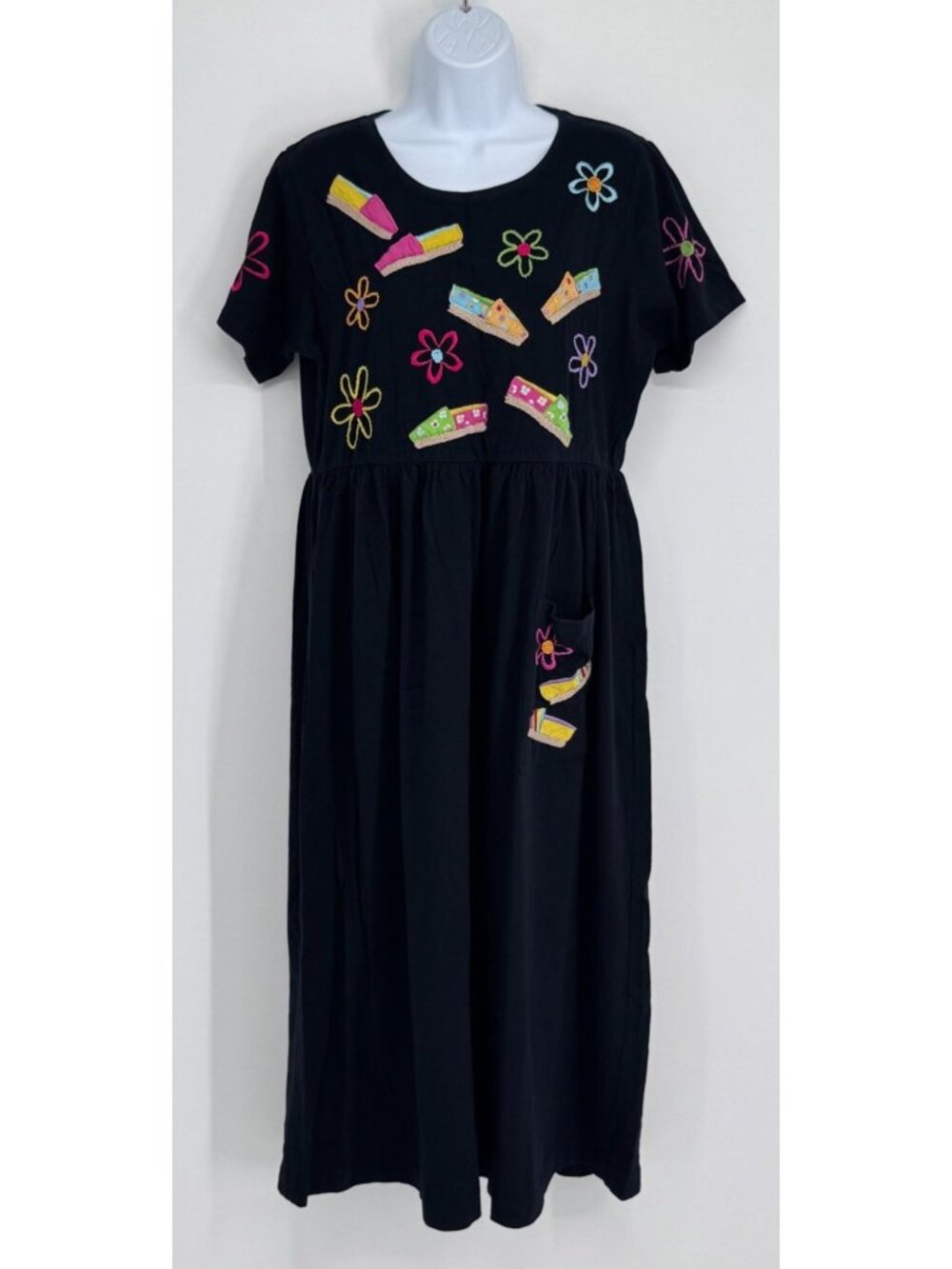 Michael Simon M Black Midi Dress Embroidered Flowers Shoes Artsy Beach
